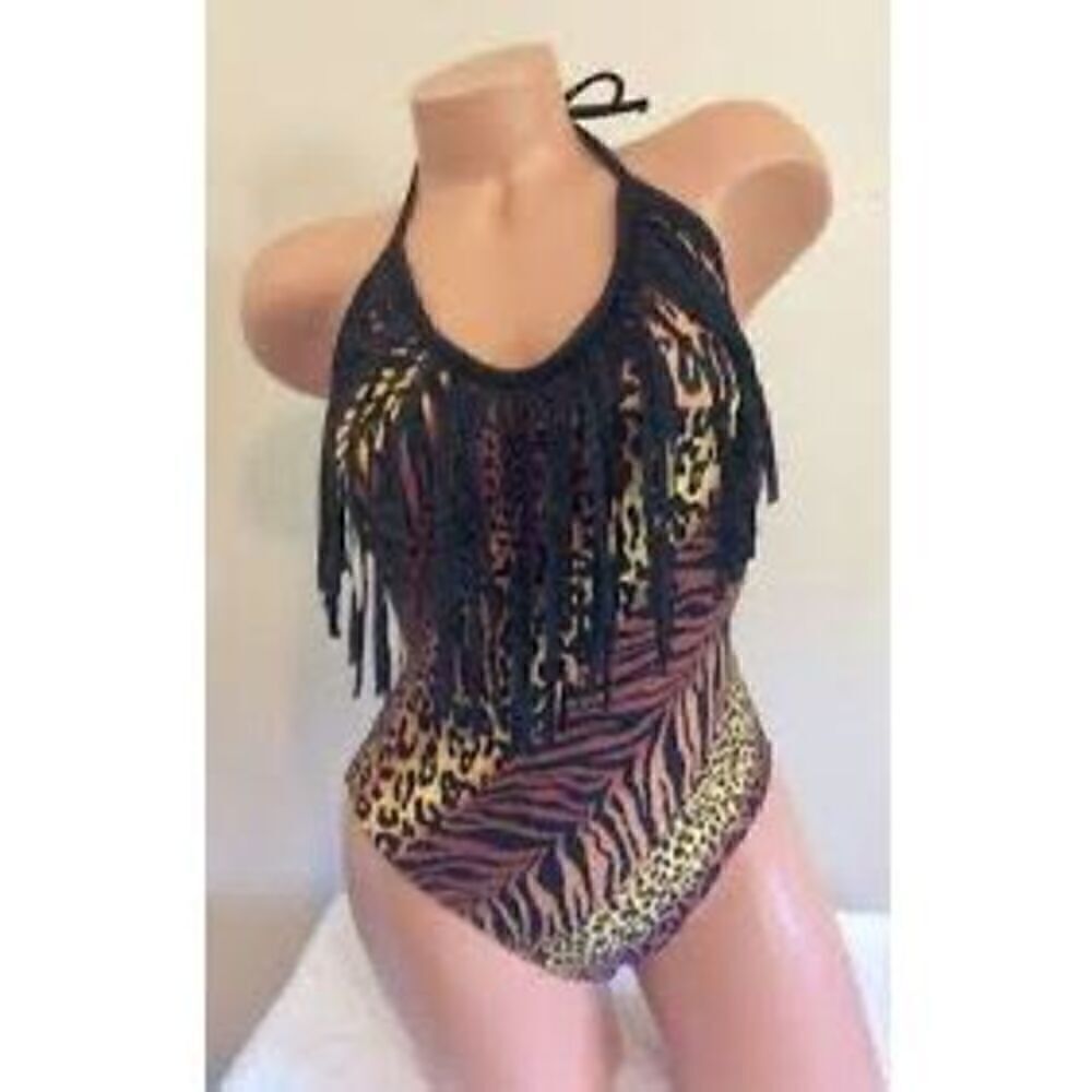 Venus Women’s Size 12 One Piece Fringe Cut Out Back Swimsuit Animal Print Sexy